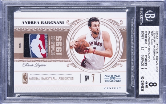 2010-11 Panini National Treasures "Century Materials" NBA Tags #92 Andrea Bargnani Logoman Patch Card (#1/1) - BGS NM-MT 8